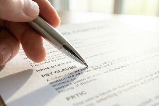 Hand holding a metal pen pointing at the Pet Clause section of a printed housing rental contract