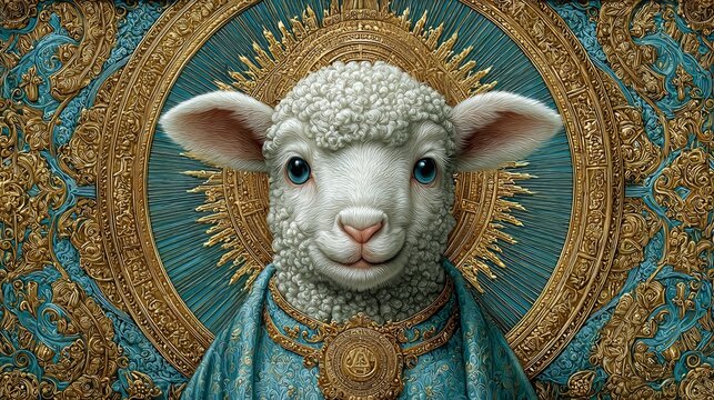 A stylized portrait of a white lamb dressed in an ornate teal robe with gold jewelry, positioned before a glowing golden halo and a detailed teal and gold filigree background.