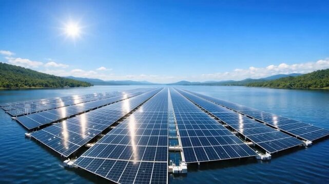 Floating solar panel system calm water and lake bright blue sky with shining sun, showcasing renewable energy technology, clean power, sustainable water based solar farm surrounded by green hills