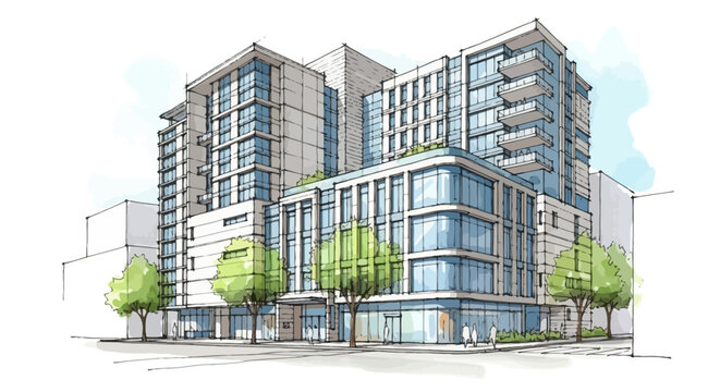 Hand-drawn architectural sketch illustrating a modern multi-story building with balconies and greenery, representing a contemporary urban development concept