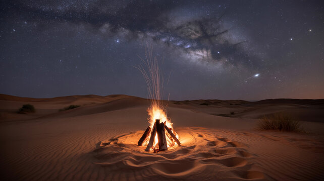 Campfire burning brightly in desert sand under starry night sky with milky way