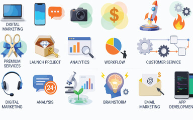 Fototapeta premium Modern 3D Business and Digital Marketing Icon Set for Startup and App Development