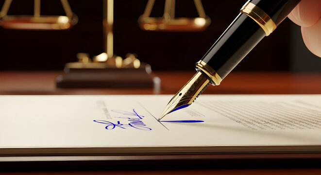 Person Signing Legal Document with Fountain Pen and Scales of Justice