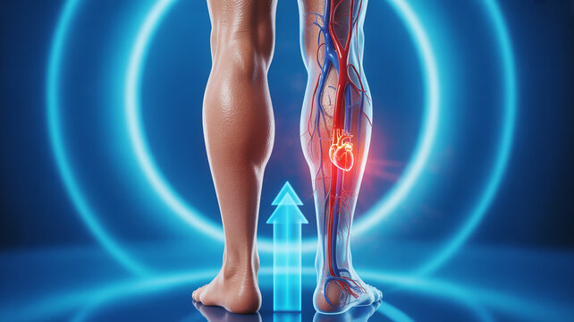Human legs with one normal and one highlighted with glowing red veins and arteries standing in front of a blue circular light