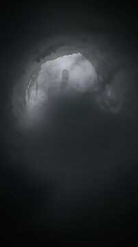 Cave filled with fog slowly revealing a crucifix in the opening of the empty tomb. Symbolic of the resurrection of Jesus Christ. Good Friday, He is Risen concept. Symbolizing faith or god in heaven.