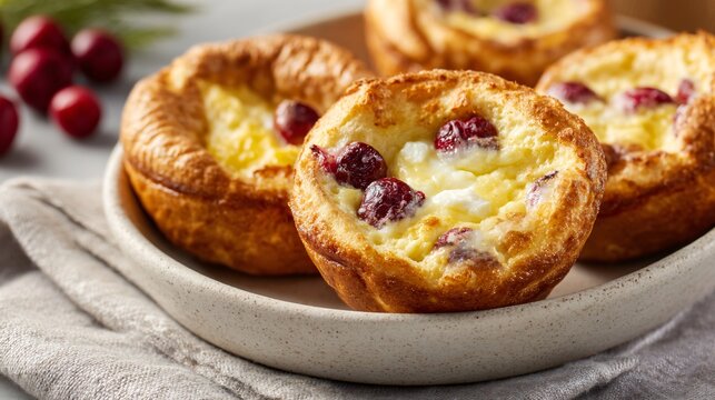 National Cherry Popover Day celebration concept, freshly baked cherry popovers on ceramic plate, golden puffed pastry, light airy texture, breakfast and brunch theme, natural window light, commercial