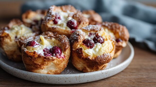National Cherry Popover Day celebration concept, freshly baked cherry popovers on ceramic plate, golden puffed pastry, light airy texture, breakfast and brunch theme, natural window light, commercial