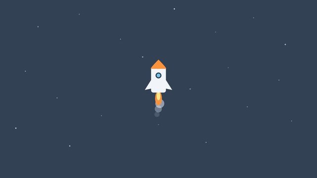 Minimalist flat design illustration of a rocket launching into space with stars in the background. Modern vector style suitable for startup, technology, innovation, and business growth concepts.