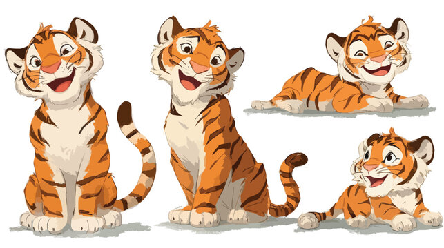 Cute Cartoon Tiger Cub Character Set with Playful Expressions.