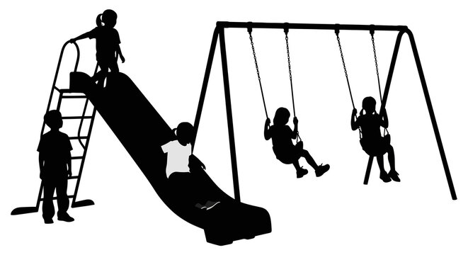 Children playing on a playground with swings and a slide