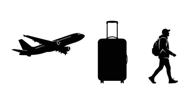 Traveler with luggage and airplane in vector graphic illustration