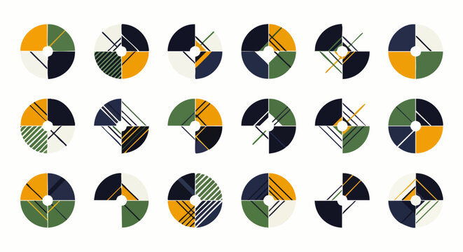 Abstract geometric pie chart elements in a modern flat design style, showcasing data visualization concepts, segments, and progress in green, yellow, and blue colors.