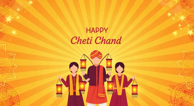 Happy cheti chand festival celebration with traditional lanterns and people in red and yellow attire on orange background