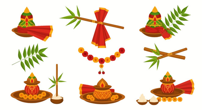 Gudi Padwa and Ugadi Festival Elements Set. EPS Editable. Vector Illustrations.