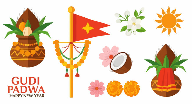 Gudi Padwa Festival Celebration Elements. EPS Editable. Vector Illustrations.