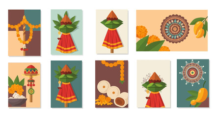 Fototapeta premium Traditional Indian Festival Decorative Items 3. EPS Editable. Vector Illustrations.