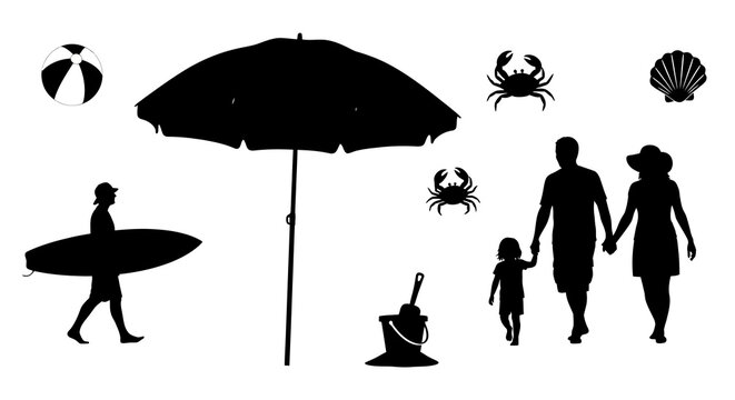 Silhouette of family and surfer at the beach with umbrella