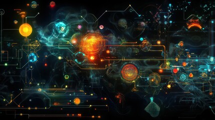 Obraz premium Complex Network: Abstract Digital Circuitry with Glowing Orbs on Black Background