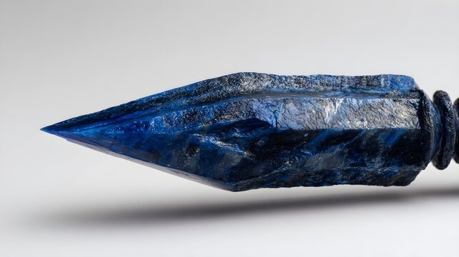 Macro Shot of a Hand-Carved Blue Stone Spearhead or Dagger Point Crafted from Raw Lapis Lazuli Isolated on a Neutral Grey Gradient Background