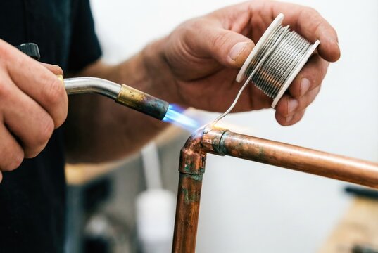 Plumber using blowtorch and wire to solder copper pipe joint
