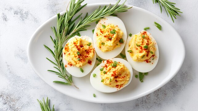 National Deviled Egg Day, classic deviled eggs arranged on white plate, paprika garnish, clean composition, soft natural light, commercial food photography