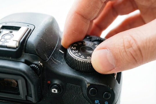 Photographer hand turning mode dial on black DSLR camera body