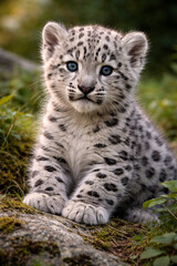 Fototapeta premium A snow leopard cub posing for a camera