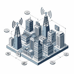 Fototapeta premium Isometric cityscape with communication towers and buildings.
