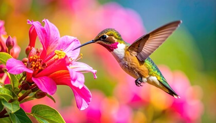Obraz premium Hummingbird Feeding on Vibrant Pink Flower