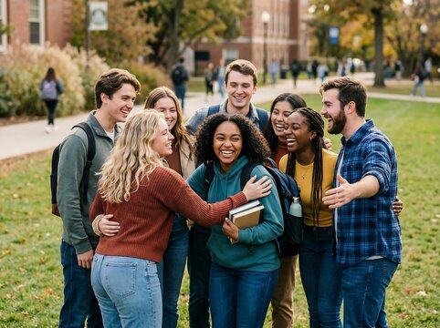Warm scene of a group embracing a newcomer into their circle, expressing kindness, belonging, and inclusion through natural light and positive emotion