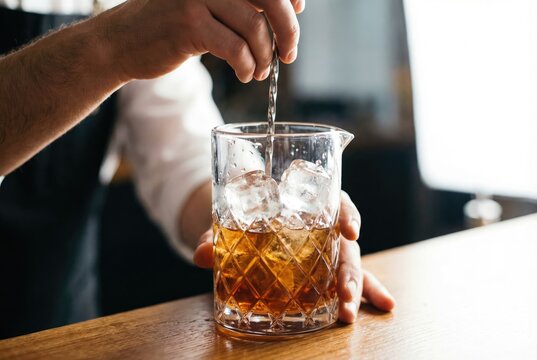 Bartender stirring an alcoholic cocktail with a long bar spoon and ice cubes in a crystal mixing glass