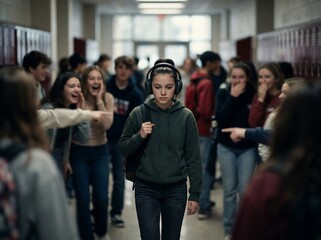 Obraz premium Artistic scene of a person clearly in focus while surrounding figures fade into blur, expressing individuality, emotional strength, and resistance to bullying