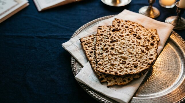 Traditional matzah on seder plate displayed on a festive dark blue table for Jewish Passover holiday celebration