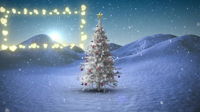 Decorative shining lights against snowflakes falling over christmas tree on winter landscape