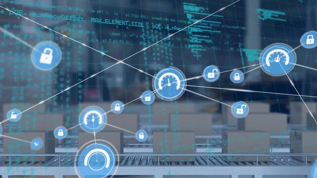 Animation of networks of connections and icons over boxes on conveyor belts and data processing