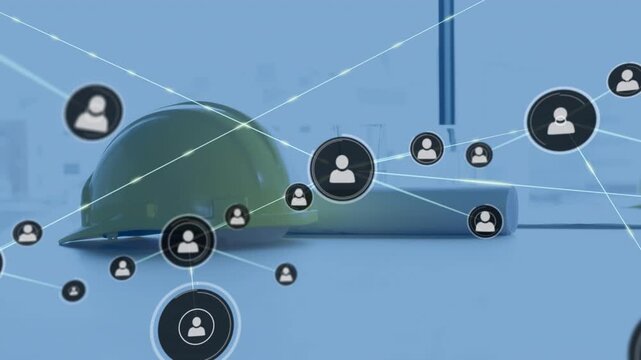 Animation of network of connections with icons over yellow hard hat and architects drawings