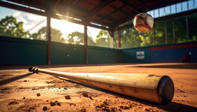 Baseball bat resting on clay infield dirt with baseball in mid-air inside batting cage overhead wood beams and bright sun low angle