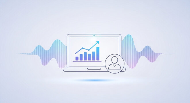 Business analytics and user data on a laptop with a growing trend graph and sound wave