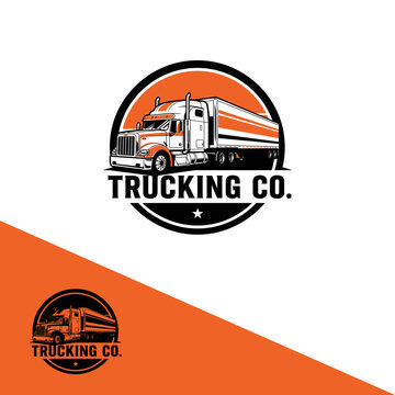 A bold and dynamic logo for a trucking company, featuring a semi-truck in an orange and black circular emblem, with 'TRUCKING CO.' text below.