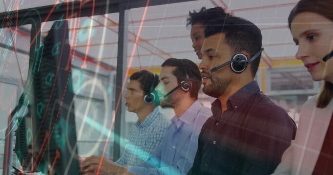 Animation of data processing over team of diverse customer care executives working at office