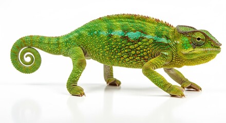 Naklejka premium Brightly lit green chameleon with a curled tail walks gracefully across a stark white studio background.. AI Generated