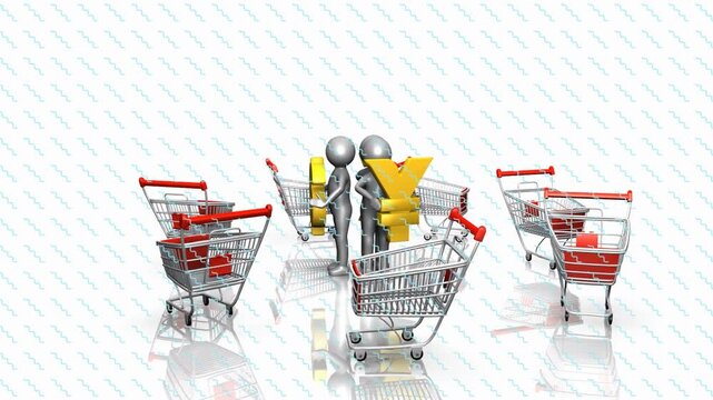 Animation of shapes over shopping carts and currency symbols