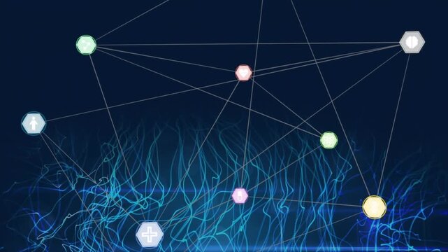 Animation of icons in hexagons connected with lines over abstract pattern moving on black background