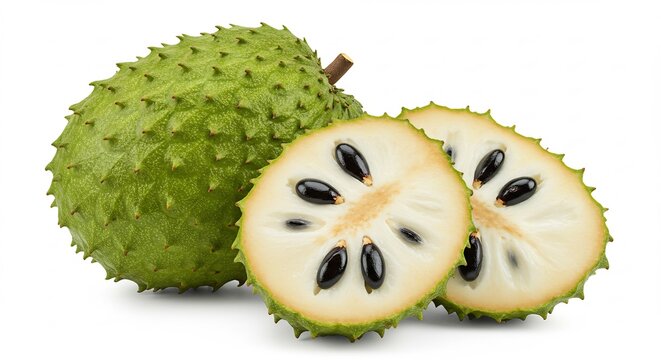 Fresh soursop fruit whole and cut open revealing creamy white flesh and shiny black seeds on a crisp white background. AI Generated