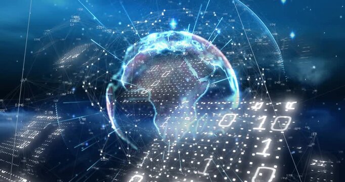 Animation of binary coding and light trails over spinning globe against blue background