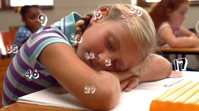 Animation of numbers over caucasian schoolgirl sleeping at school