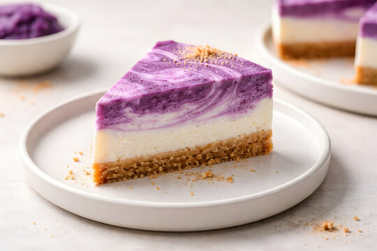 Elegant sliced ube cheesecake displayed on minimalist ceramic plate with delicate crumbs and creamy purple texture composition