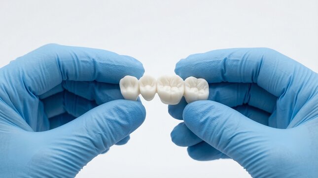 Dental technician holds ceramic crowns ready for patient dental bridge.