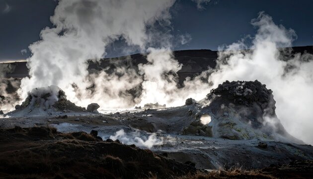 Geothermal Landscape with Steaming Vents and Sulfur Deposits Under a Dramatic Sky in Iceland's Volcanic Region