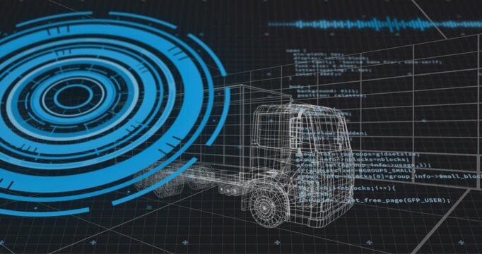 Blue HUD materializing triggers wireframe truck appearing and code scrolling to display fleet data